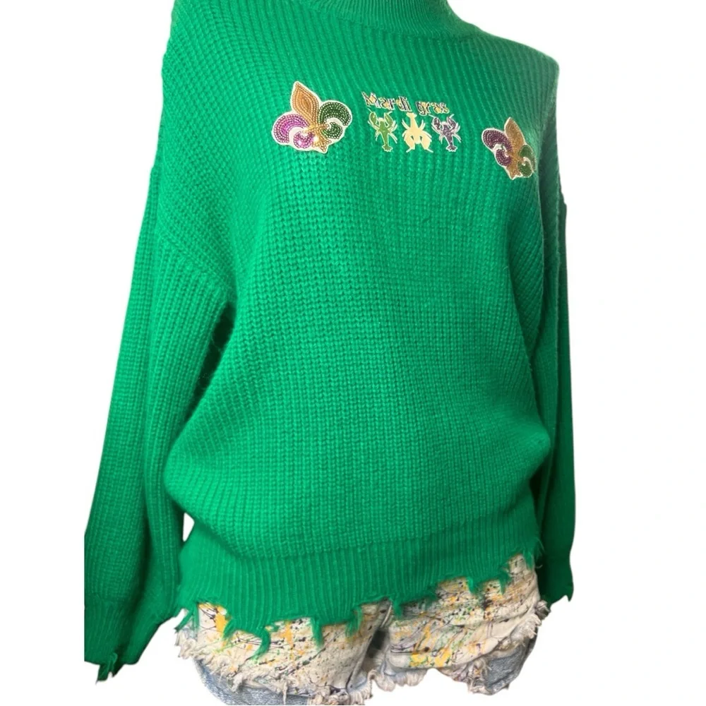 Green Mardi Gras Oversized Distressed Sweater, Size: Small